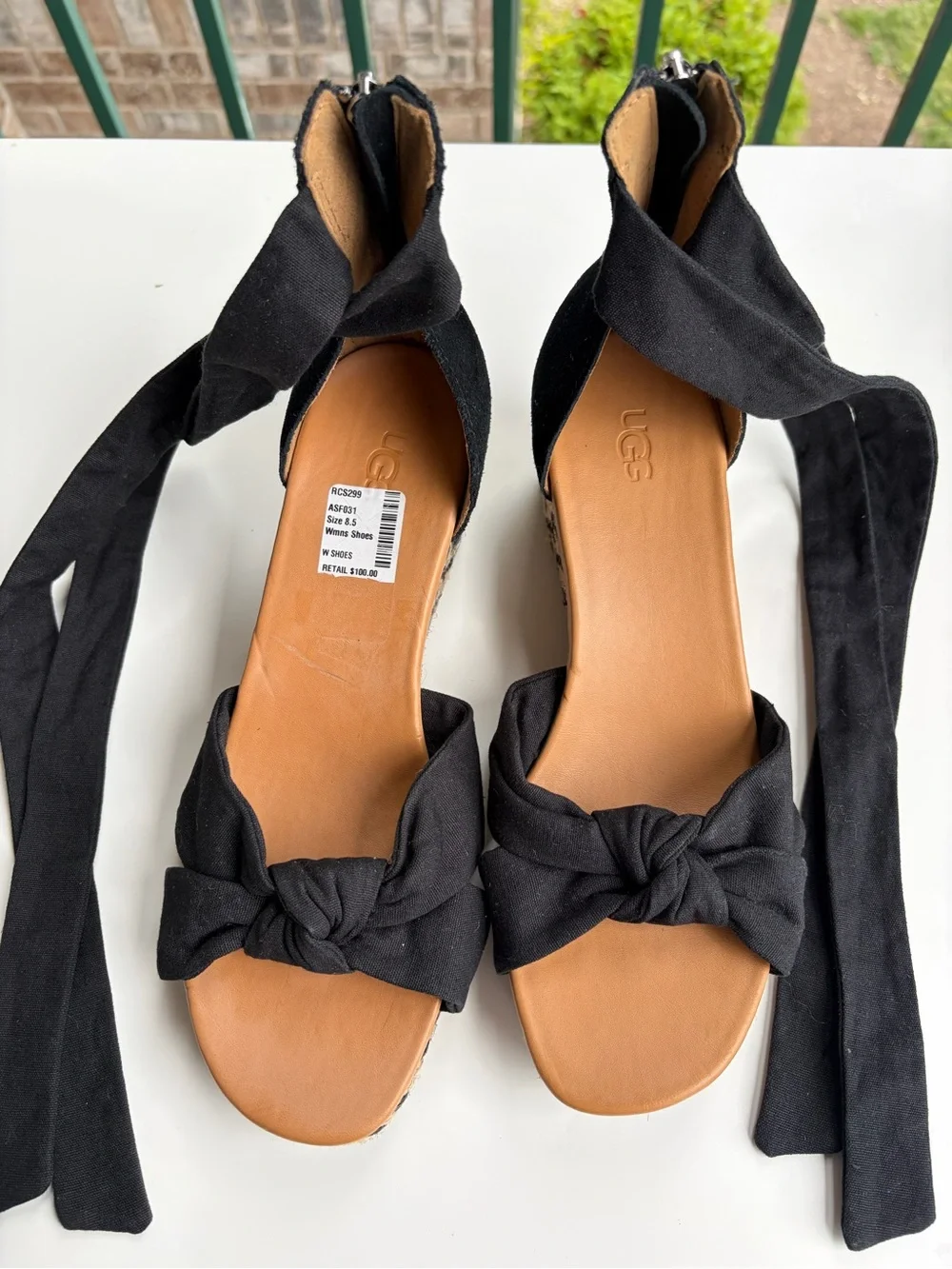🆕🖤UGG Black Espadrille Wedge Sandals Lace-Up Ankle Tie Platform Shoes Size 8.5 - Picture 4 of 13